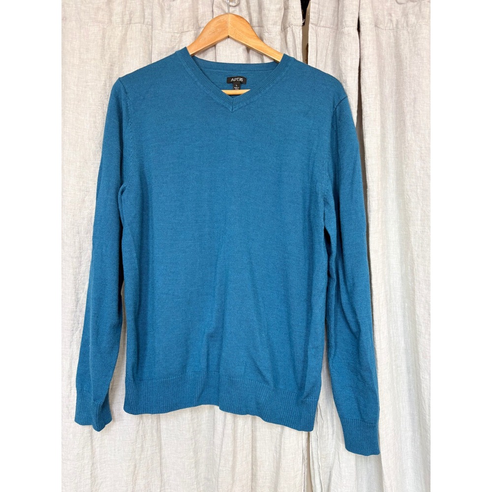 Apt 9 Mens Teal Blue Merino Wool Blend V-Neck Sweater Size Large
